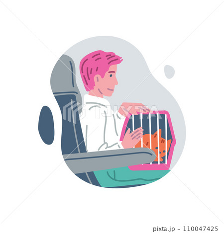 Man on public transport with pet in carrier, vector comfortable transportation pet in trip with owner in a subway train 110047425