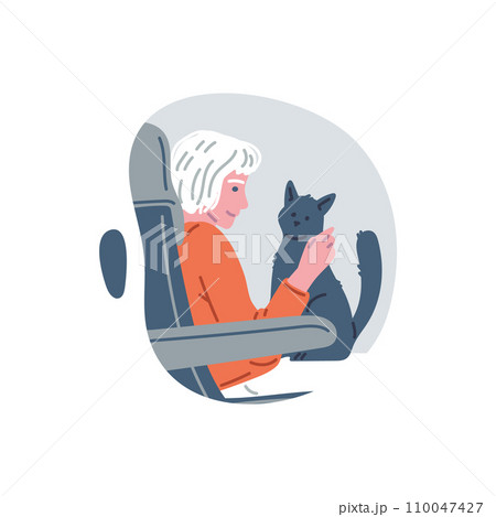 Smiling woman with cat on hands travels on public transport flat style 110047427