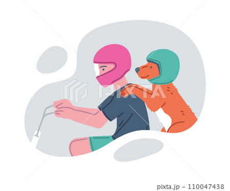 Pet owner with his dog on a scooter, flat vector illustration isolated on white. 110047438