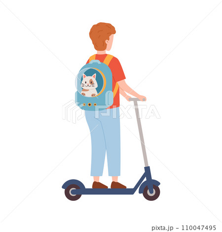 Man rides on kick scooter with cat in backpack, vector cartoon on white Man rides on kick scooter with cat in backpack, vector cartoon on white 110047495
