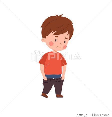 Kid dressing himself up, vector cartoon cute independent boy standing undressing or dressing pants, kinder character 110047502