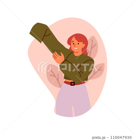 Smiling young woman puts on sweater flat style, vector illustration Smiling young woman puts on sweater flat style, vector illustration 110047930