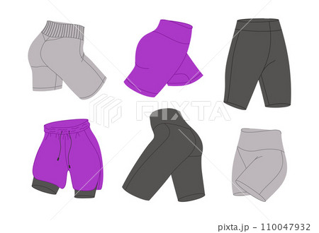 Female fitness cycling shorts and leggings vector set. Woman's sports clothes flat design. Ideal for design sports content, stickers and print. Female fitness cycling shorts and leggings vector set. Woman's sports clothes flat design. Ideal for design sports content, stickers and print. 110047932