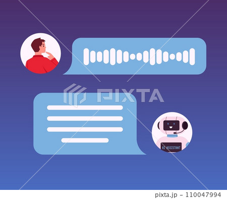 Artificial intelligence chat business service, vector person using AI technology and talking to chatbot via messaging Artificial intelligence chat business service, vector person using AI technology and talking to chatbot via messaging 110047994