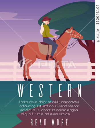 Cowgirl riding on horse at the ranch, American western ranger woman dressed in retro wild west style vector poster Cowgirl riding on horse at the ranch, American western ranger woman dressed in retro wild west style vector poster 110048103