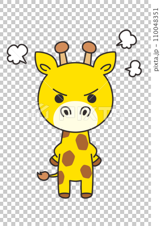 Illustration of a cute giraffe angry with its hands on its hips, whole body, white background, vector, clip art, with main line 110048351