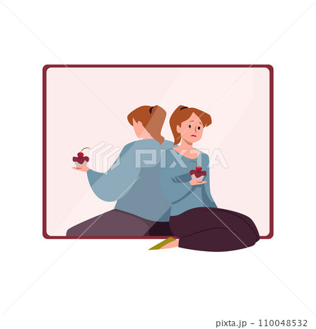 Young woman with cake turned away from the mirror, because thinks she is fat, vector character with mental disorder Young woman with cake turned away from the mirror, because thinks she is fat, vector character with mental disorder 110048532