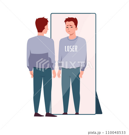 Young man reproaches himself near the mirror, vector upset loser in the reflection, pessimist negative lifestyle Young man reproaches himself near the mirror, vector upset loser in the reflection, pessimist negative lifestyle 110048533