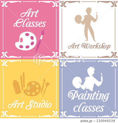 A set of vector cards or banners for an art studio, class or workshop. A set of vector cards or banners for an art studio, class or workshop. 110048539