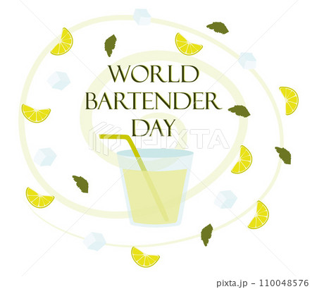 International Bartenders Day banner with Glass and cocktail ingredients. 6 February. Vector Flat Template for Banner, card, poster. Illustration with Spritz cocktail with lime slice and ice cubes. International Bartenders Day banner with Glass and cocktail ingredients. 6 February. Vector Flat Template for Banner, card, poster. Illustration with Spritz cocktail with lime slice and ice cubes. 110048576