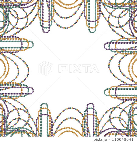 Hand drawn watercolor Mardi Gras carnival symbols. Garland hanging glass bead pearl strings, gold purple green. Square frame isolated on white background. Design for party invitation, print, shop 110048641