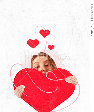 Poster. Contemporary art collage. Be my Valentine. Young beautiful, loving girl holds big heart on white paper craft background. 110048703