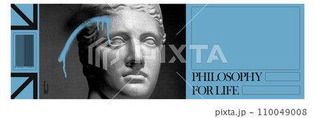 Antique statue bust over blue background with empty space for text. Poster, flyer, invitation card. Contemporary art collage. 110049008