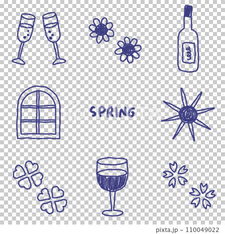Wine and flower illustration set that can be used in spring (blue line) 110049022