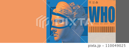 Philosophical quotation and cracked antique statue bust. Psychology, inner world. Contemporary art collage. 110049025