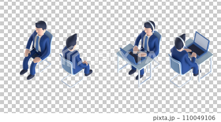 穿著西裝打領帶的等距排列的聰明男性角色的 3DCG 渲染 110049106