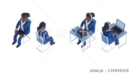 スーツを着てネクタイをしたスマートな女性キャラクターをアイソメトリックに配置した3DCGレンダリング スーツを着てネクタイをしたスマートな女性キャラクターをアイソメトリックに配置した3DCGレンダリング 110049108