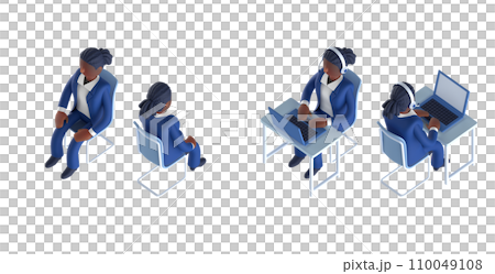スーツを着てネクタイをしたスマートな女性キャラクターをアイソメトリックに配置した3DCGレンダリング スーツを着てネクタイをしたスマートな女性キャラクターをアイソメトリックに配置した3DCGレンダリング 110049108