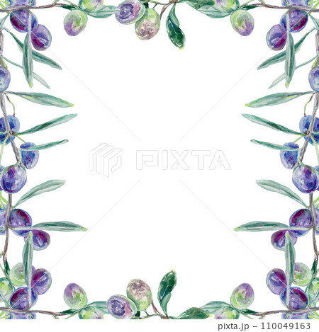 Olive branch watercolor. Vector illustration of a square frame. Food packaging, labels, cosmetic products, cards, invitations, banners, presentations. 110049163