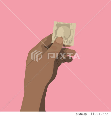 Vector isolated illustration of a hand holding a condom. 110049272