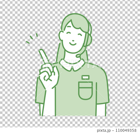 Customer support woman smiling and pointing Customer support woman smiling and pointing 110049358