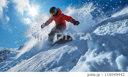 High-octane of a snowboarder riding down from the mountain, against a brilliant blue sky, capturing the excitement and athleticism of snowboarding 110049442