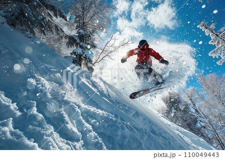 A snowboarder performs an aerial maneuver in a snow-covered environment. Snow-covered pine trees, a clear blue sky, and snowflakes add to the vibrant winter scene. 110049443