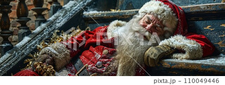 Drunk Santa Claus sleep on the house stairs 110049446