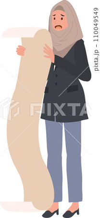 Financial Burden. Shocked Muslim Woman Faces Long Checklist of Expenses 110049549