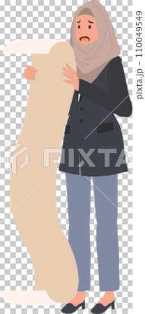 Financial Burden. Shocked Muslim Woman Faces Long Checklist of Expenses 110049549