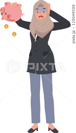 Financial Crisis and Poverty Concept. Broke Muslim Woman with Empty Piggy Bank 110049588