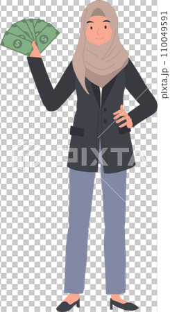 Financial Success concept. muslim Woman in Hijab Holding Money Fan 110049591