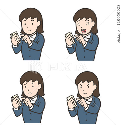 スマホを操作するスーツの女性、驚く顔、怒る顔 スマホを操作するスーツの女性、驚く顔、怒る顔 110050028