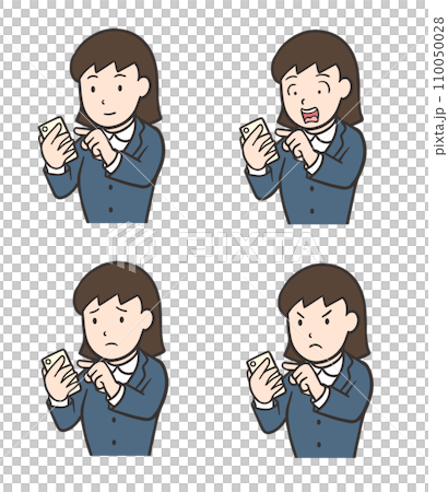 A woman in a suit operating a smartphone, surprised face, angry face A woman in a suit operating a smartphone, surprised face, angry face 110050028