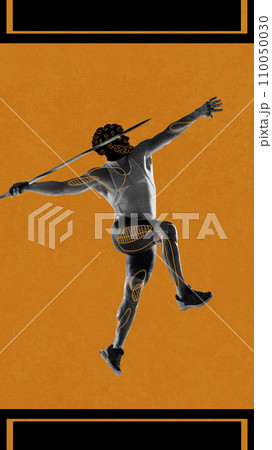 Strong muscular young man, athlete practicing, throwing javelin over orange black background. Ancient man drawing. Contemporary artwork. Strong muscular young man, athlete practicing, throwing javelin over orange black background. Ancient man drawing. Contemporary artwork. 110050030