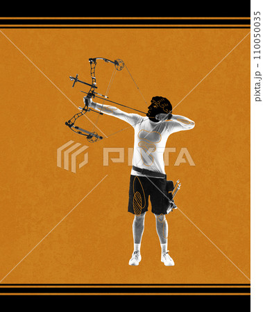 Man with ancient male head drawing, archer aiming arrow on target over orange background. Archery sport. Contemporary art collage. 110050035