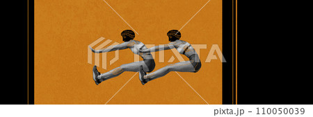 Competitive woman, athlete in motion, training, jumping over obstacles over black orange background. Ancient head drawing. Contemporary art collage. 110050039