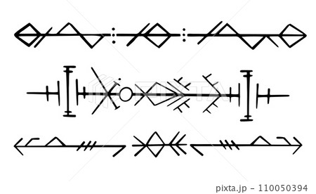 Nordic celtic runes header divider, set norse protection symbols in doodle style, amulet, witchcraft signs on white background. 110050394