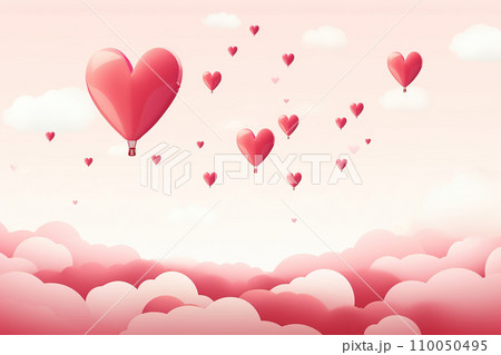 Valentine's Day background with red heart-shaped balloons flying in the sky. Generative AI Valentine's Day background with red heart-shaped balloons flying in the sky. Generative AI 110050495