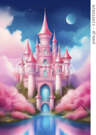 Princess magic pink castle watercolor in the...のイラスト素材 [110050626] - PIXTA