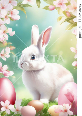 Happy easter greeting card with bunny, colourful eggs and cherry blossoms. Easter holiday concept. 110050643