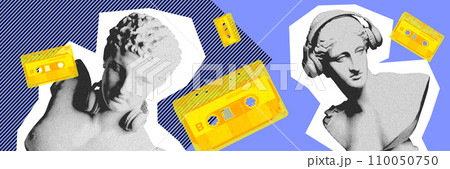 Antique statue busts listening to music in headphones with retro cassette over blue background. Contemporary art collage. Antique statue busts listening to music in headphones with retro cassette over blue background. Contemporary art collage. 110050750