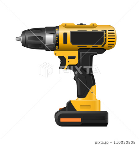 Isolated yellow drill. Industrial 3D hand tool. Cordless screwdriver. Icon of fix service instrument. Building repair and maintenance. Battery work machine 110050808