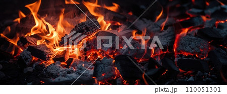 AI-generated content. Burning firewood and coals of a fire close up 110051301