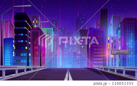 Road to city with multistorey and neon lights 110051355