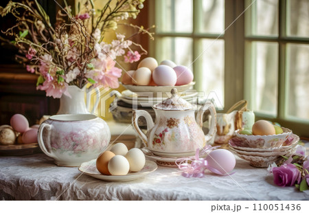 AI-generated content. A refined Easter tea set with painted eggs amidst blossoming branches on a lace-covered table, gentle window light 110051436