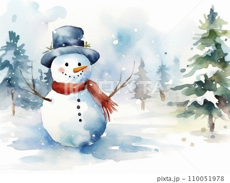 冬の森の中の雪だるまの水彩 AI画像 冬の森の中の雪だるまの水彩 AI画像 110051978