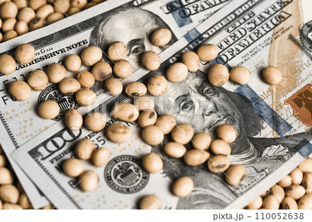 Dollars banknotes and coins and soy beans, commoditi value concept. 110052638