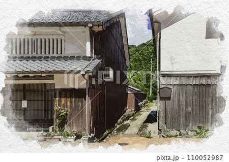 水彩画風　熊川宿　中ノ町の町並み　長屋道　福井県若狭町 110052987