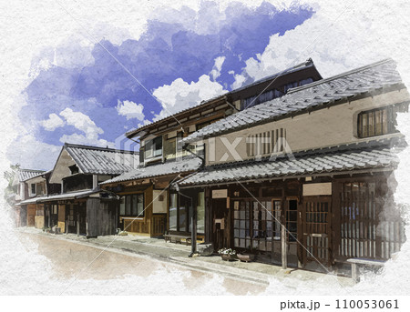 水彩画風　熊川宿　中ノ町の町並み　福井県若狭町 110053061